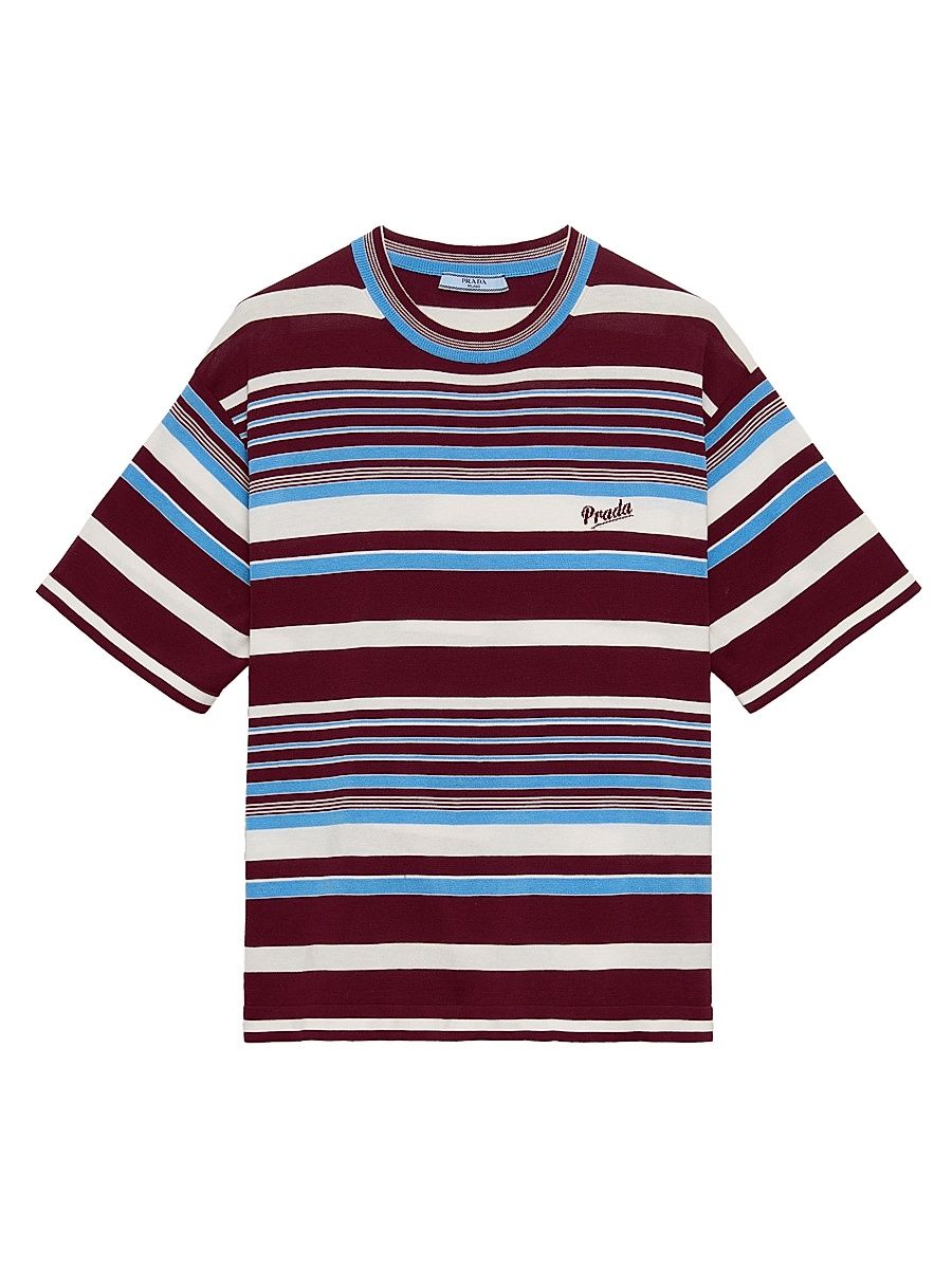 Women's Striped Cotton Crew-Neck Sweater - Dark Red - Size 8