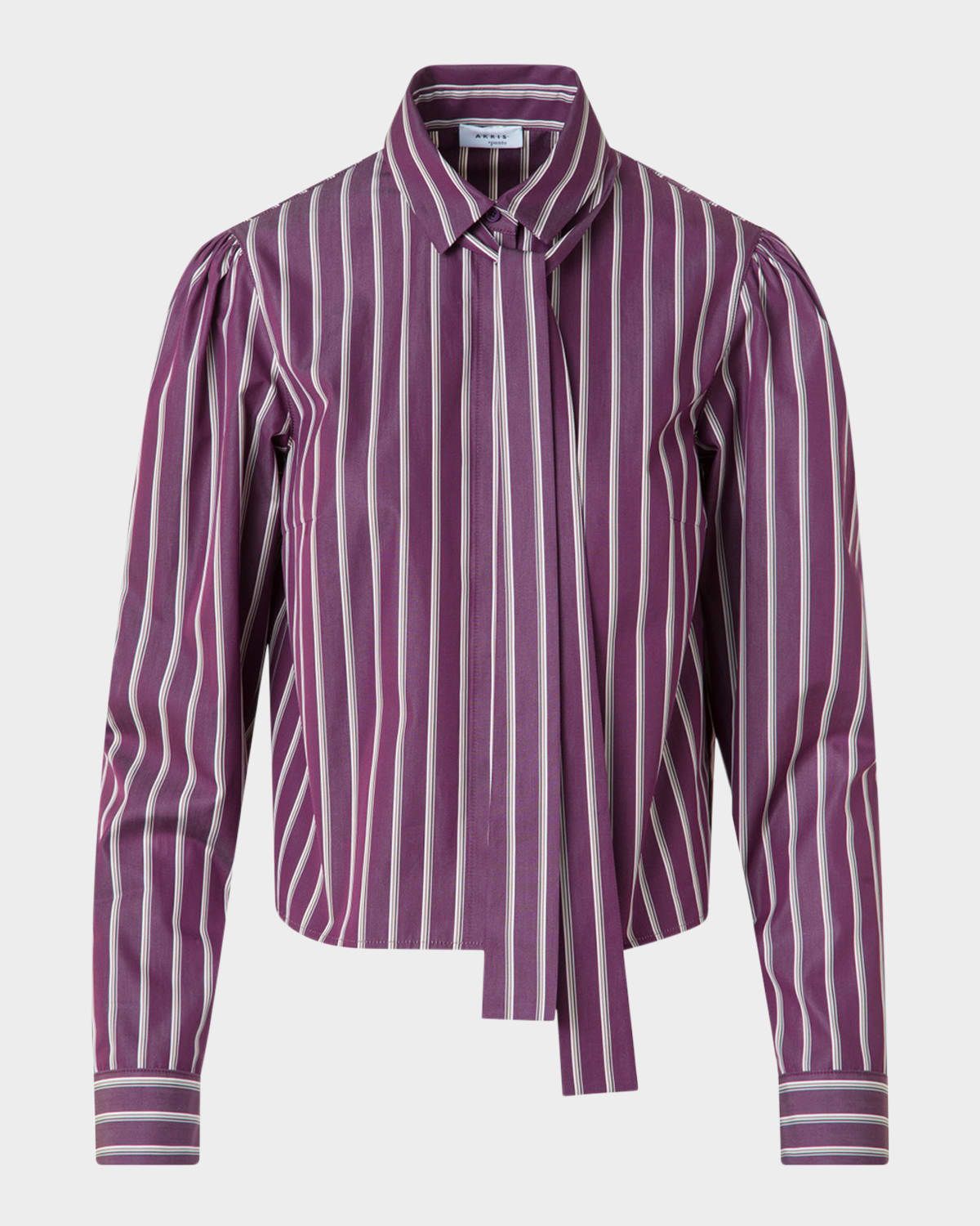 Striped Tie-Neck Cotton Poplin Blouse