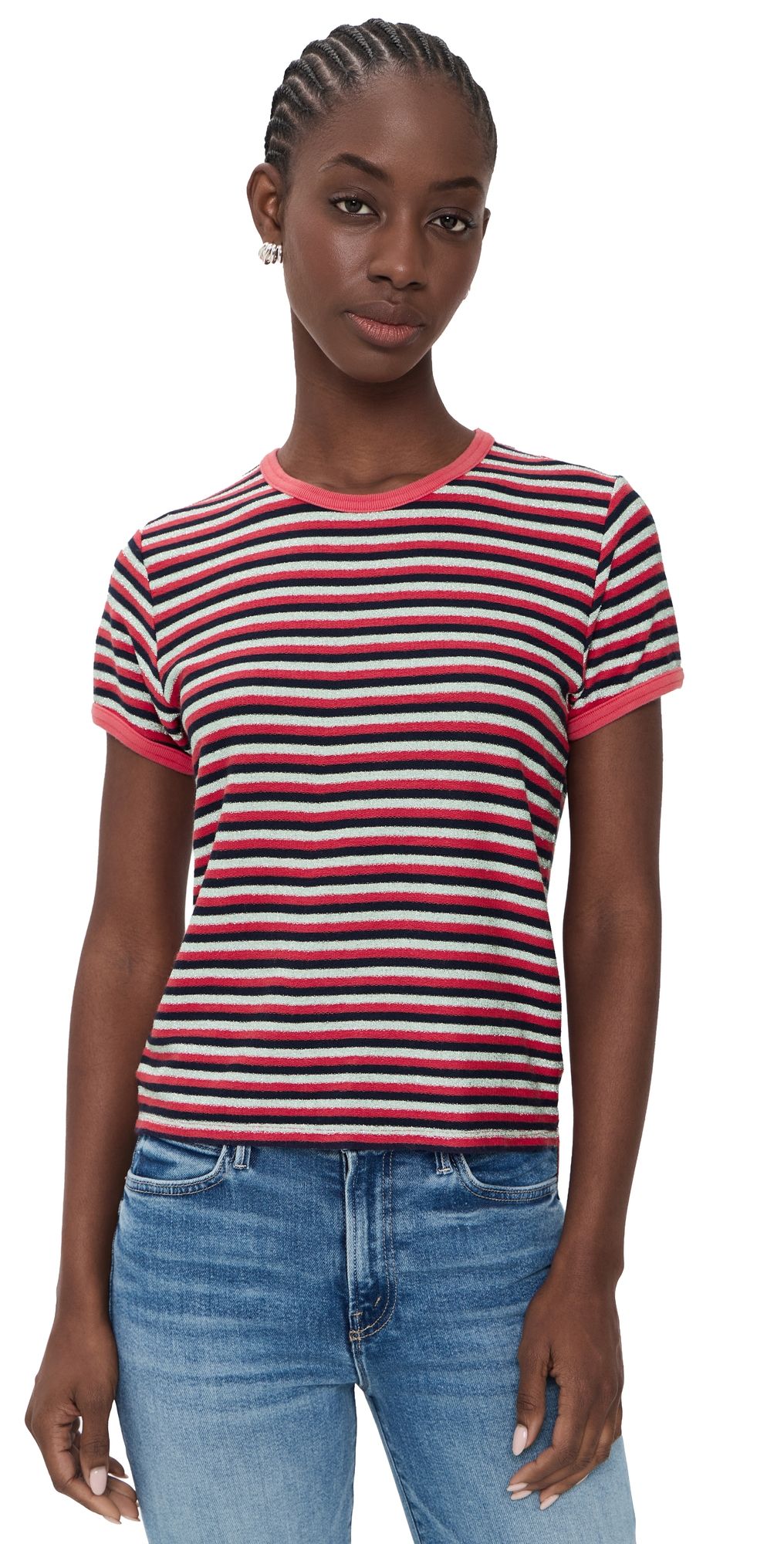 MOTHER The Lil Goodie Ringer Tee Navy Silver Pink Stripe S