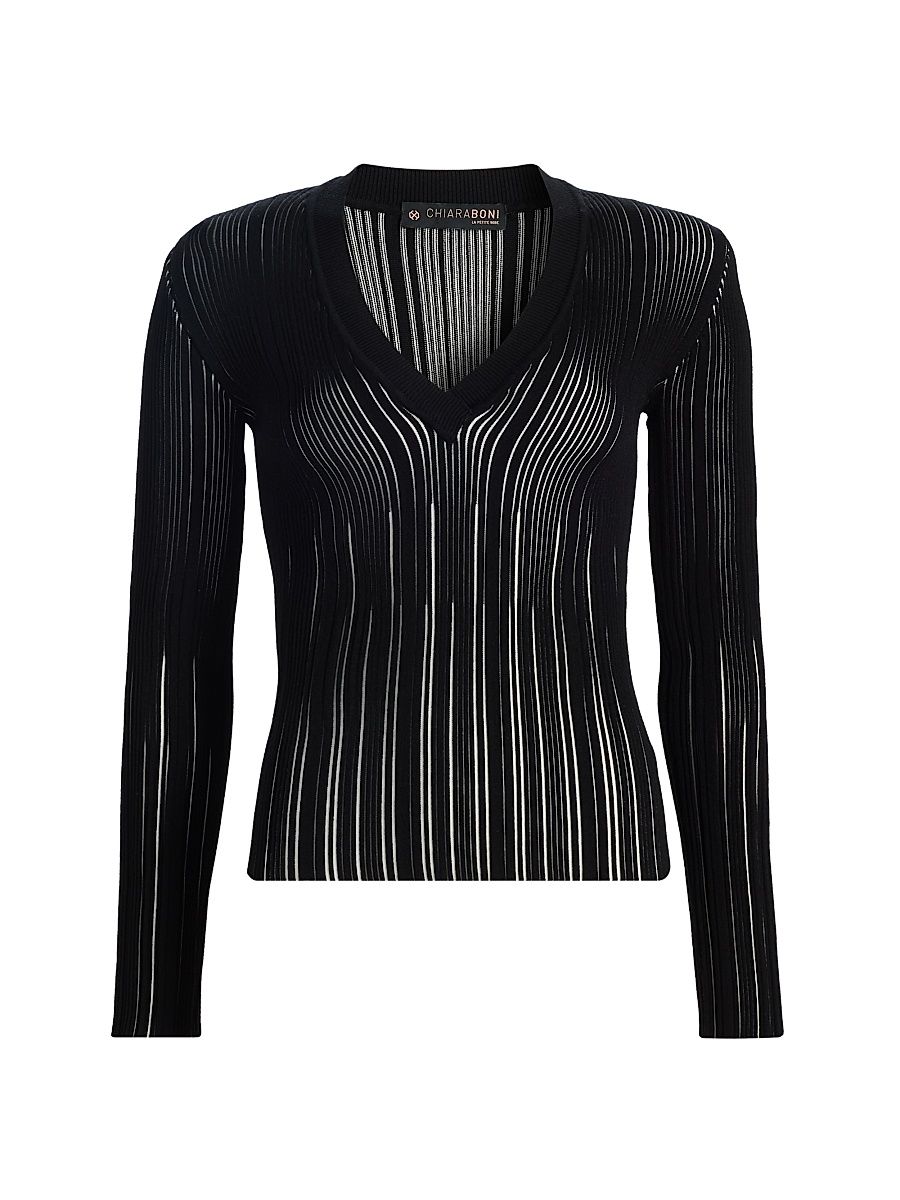 Women's Briar Rib-Knit V-Neck Top - Black White - Size XS