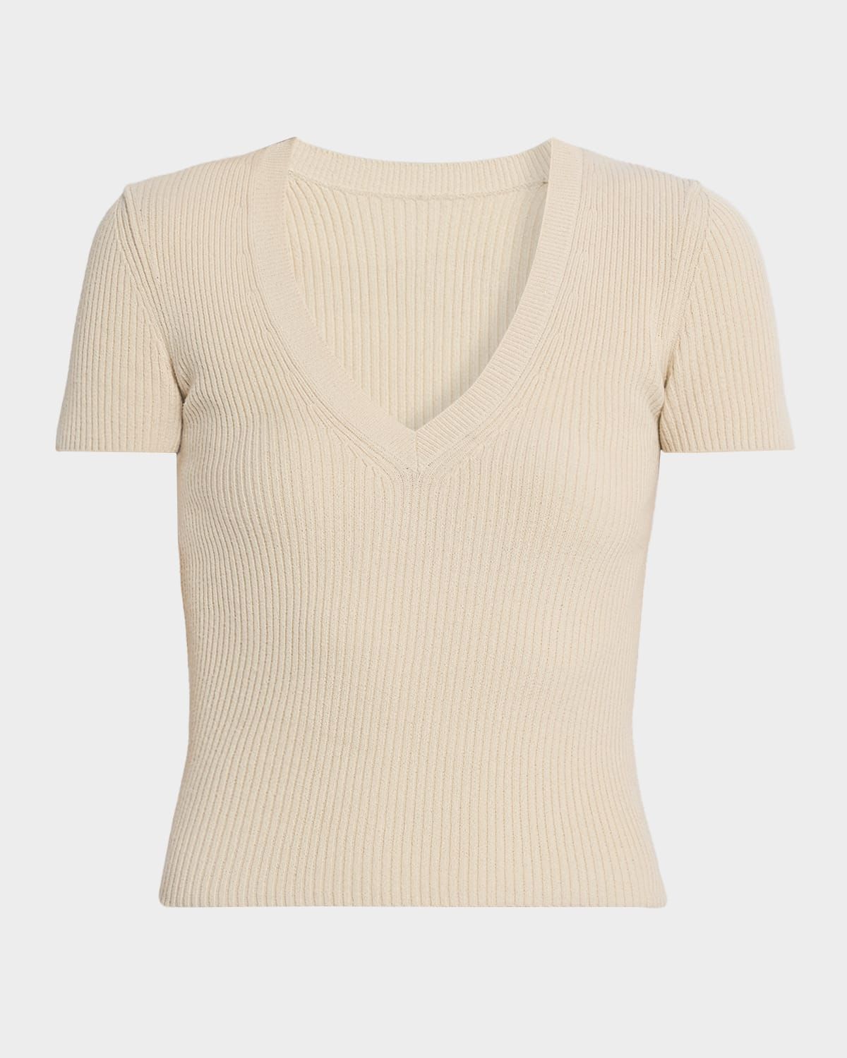 Italia Cotton-Silk Rib Short-Sleeve V-Neck Sweater