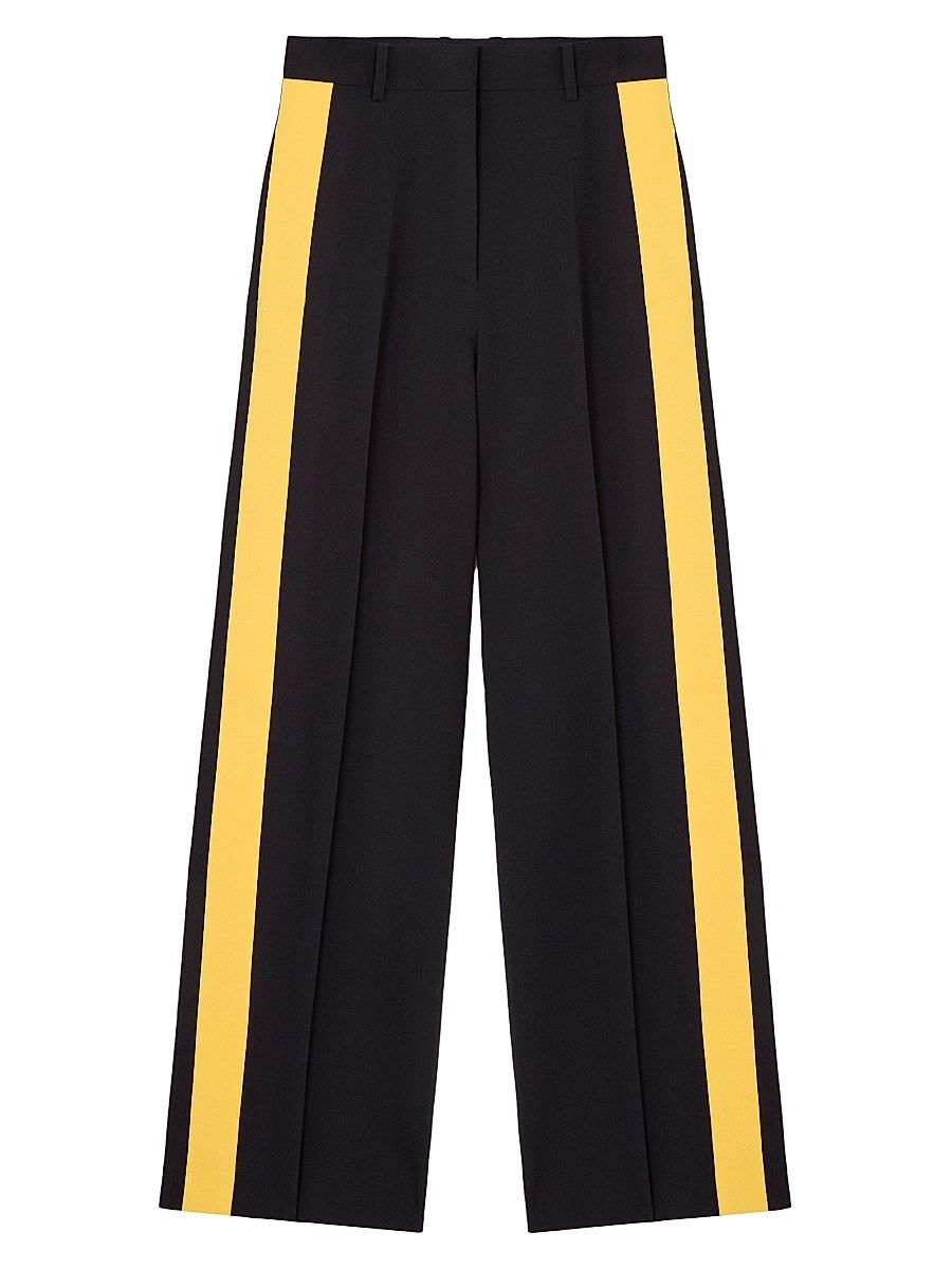 Women's Pleated Side-Striped Trousers - Navy Yellow - Size 12