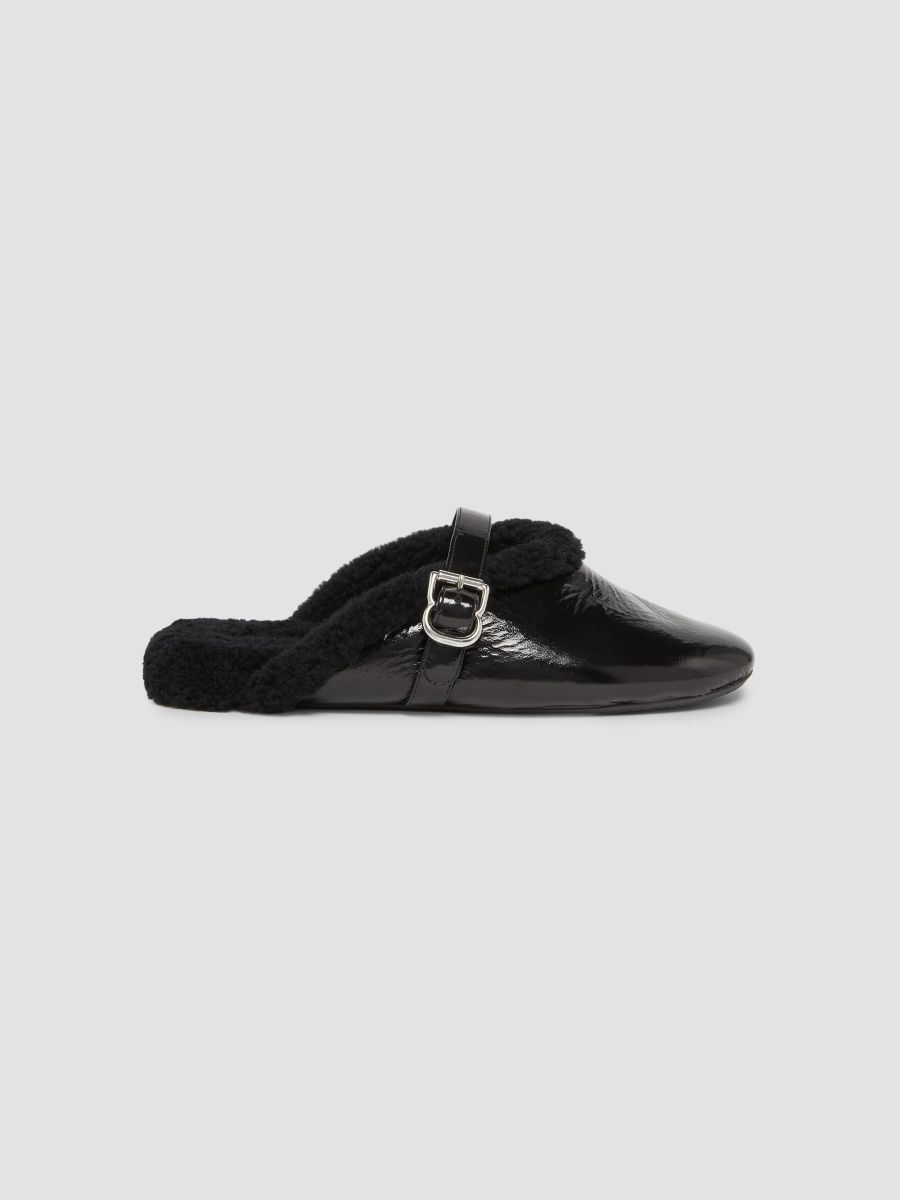 ALAÏA Women's La Ballerine Shearling-Lined Patent Leather Mules - Noir - Size 12