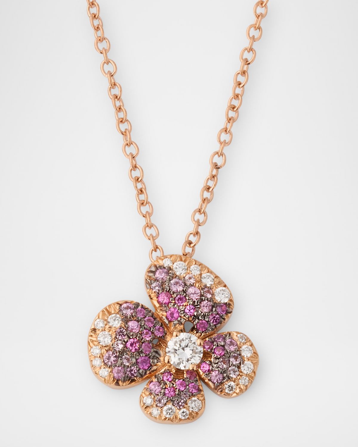 18K Rose Gold Flower Pendant Necklace with Diamonds and Pink Sapphires
