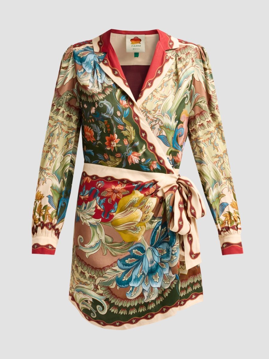 Farm Rio Women's Lunar Boho Floral Satin Wrap Mini Dress - Red - Size Large