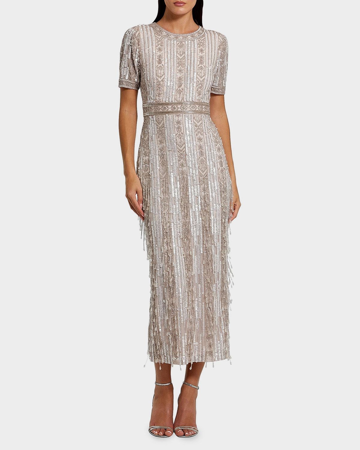 Geometric Beaded Cocktail Midi Dress