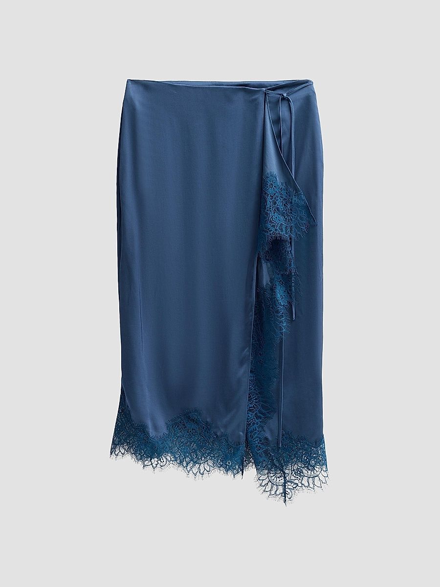 Women's Bree Satin Lace-Trimmed Midi Skirt - Ash Blue - Size 14