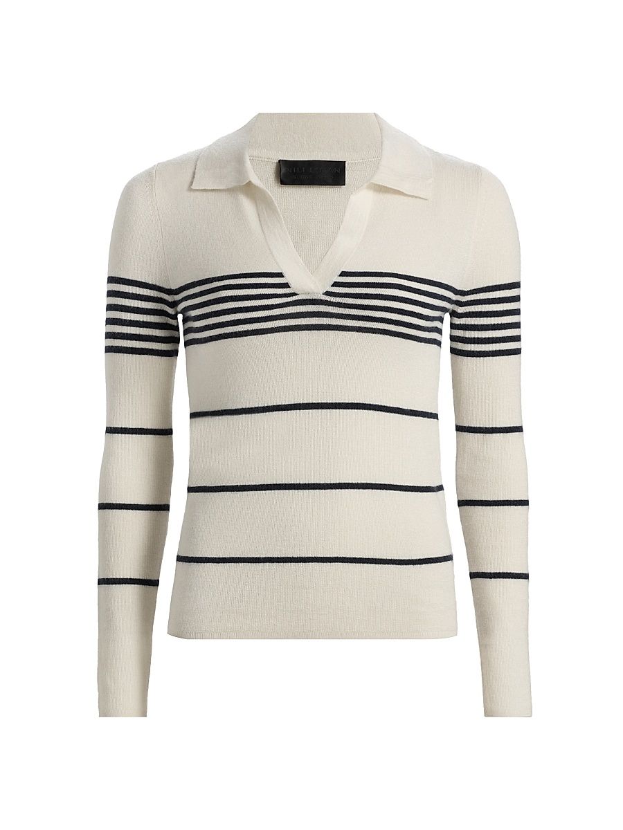 Women's Lucille Striped Cashmere Polo Sweater - Ivory Navy Stripe - Size XS