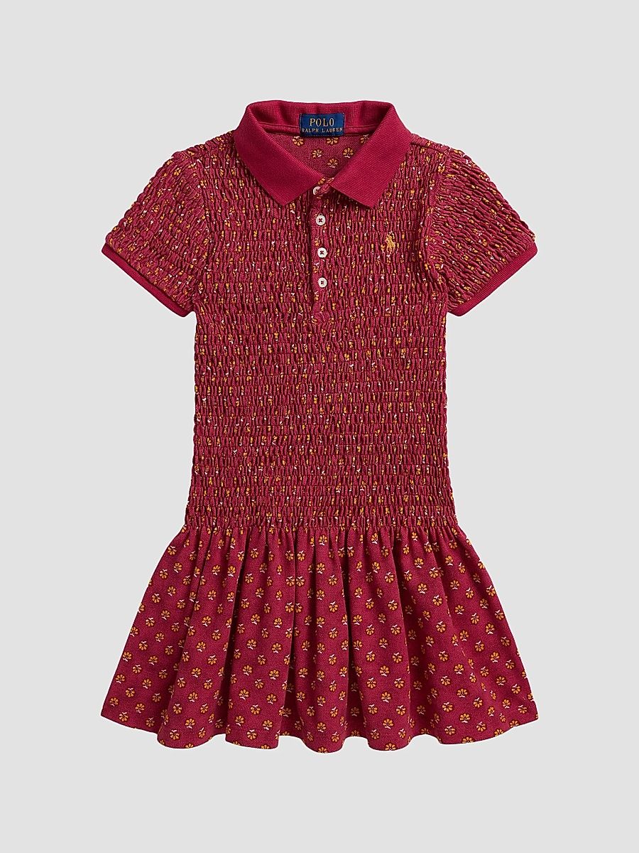 Little Girl's & Girl's Floral Smocked Stretch Mesh Polo Dress - Bayberry Woodblock - Size 16