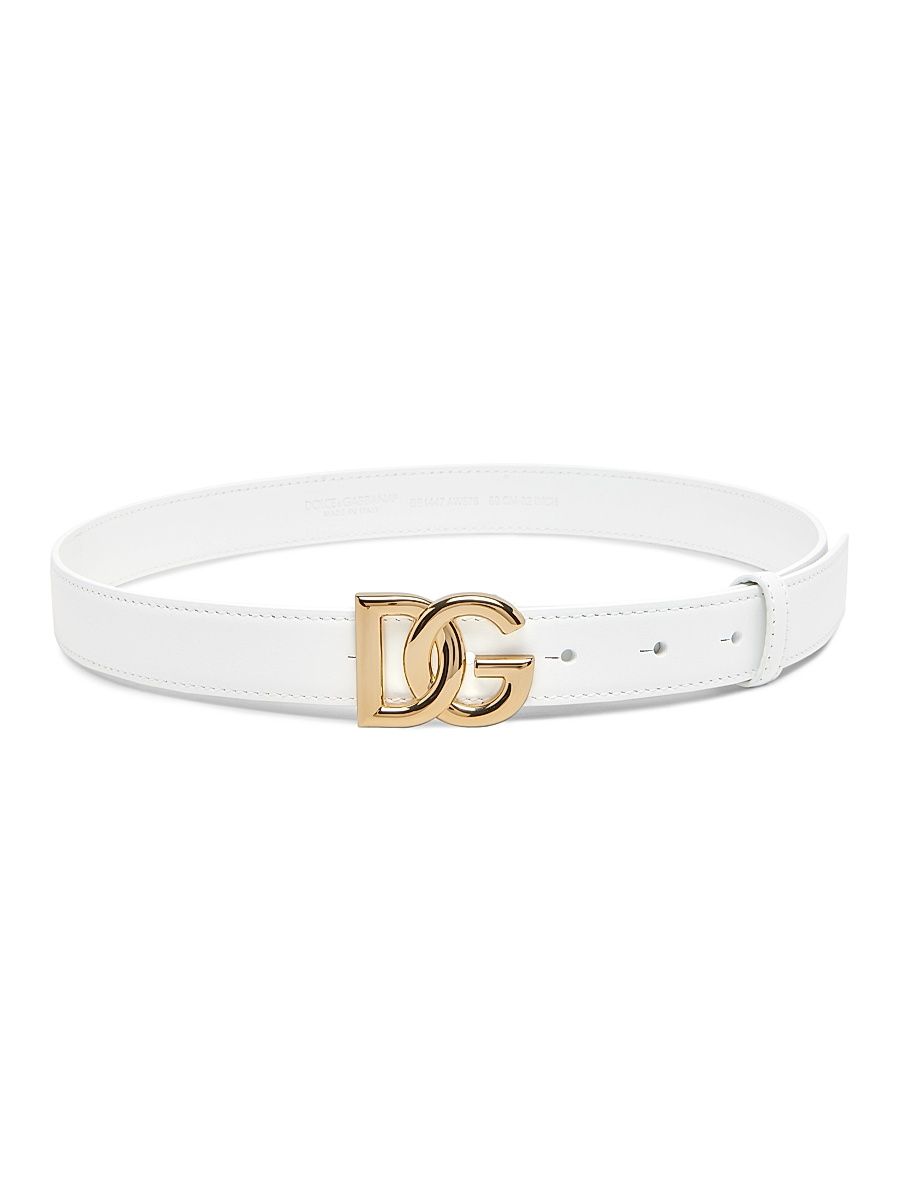 Women's DG Logo Buckle Leather Belt - White - Size Medium