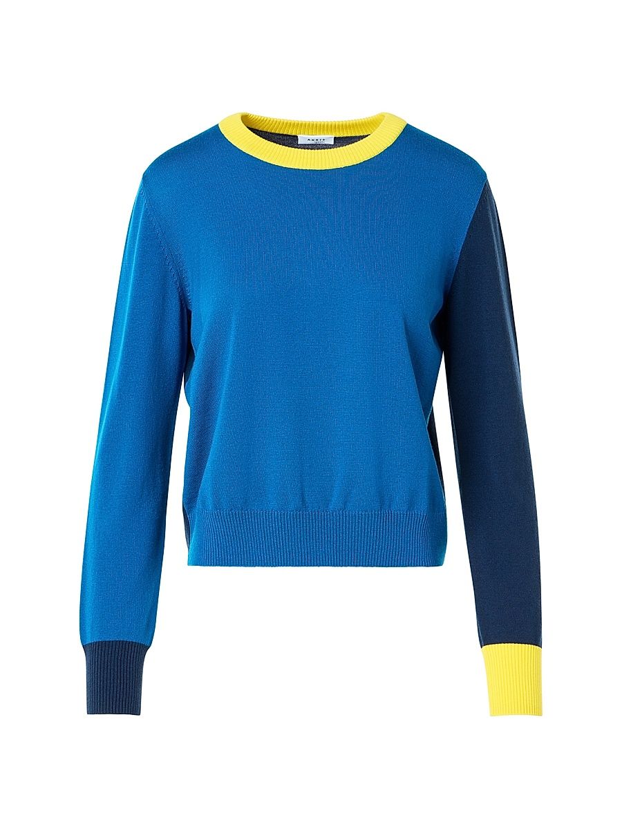 Women's Colorblocked Wool Sweater - Cobalt Blue Multi - Size 16