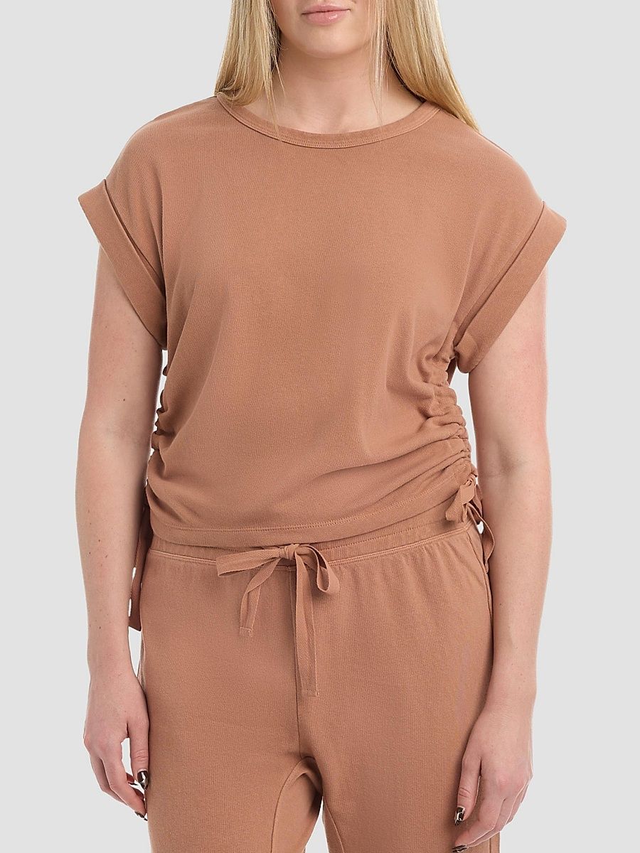 Women's Round Neck Side Drawstrings Tee - Raw Umber - Size XS