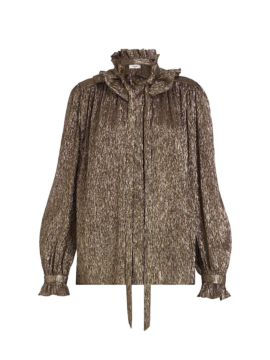 Women's Ruffled Silk-Blend Lamé Blouse - Black Gold - Size 8