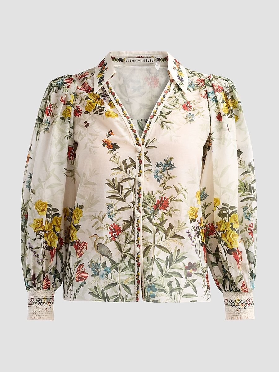 Women's Charis Printed Cotton-Silk Blouse - Desert Sprigs Vanilla - Size XL