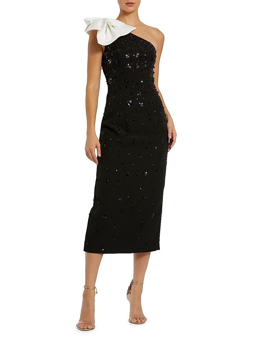 Women's Beaded Crepe One-Shoulder Cocktail Dress - Black White - Size 14