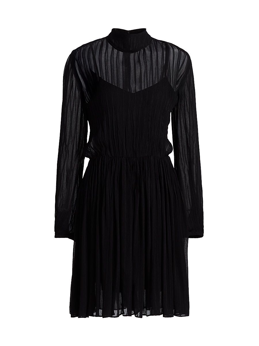 Women's Crinkle Stripe Mock Turtleneck Midi-Dress - Black - Size XXS
