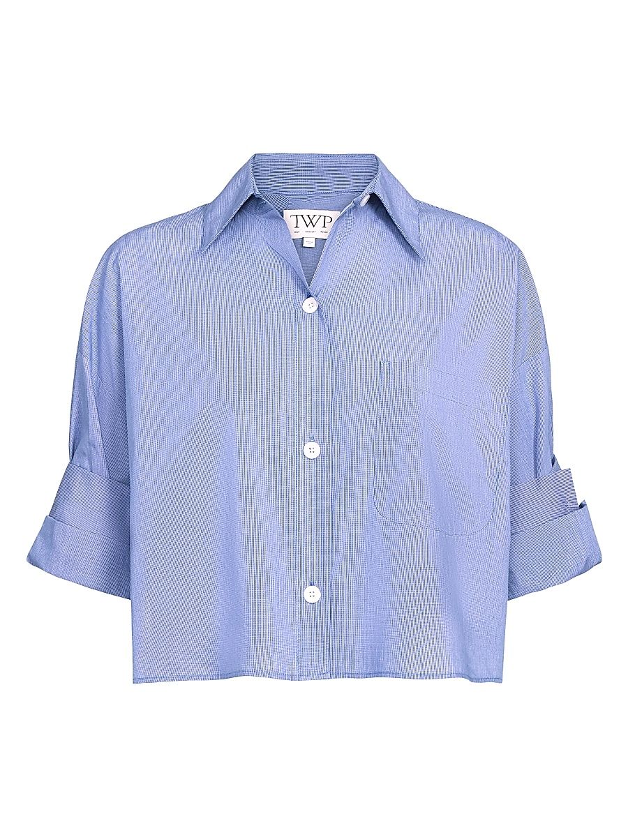 Women's Next Ex Cotton Crop Shirt - White Navy - Size Medium