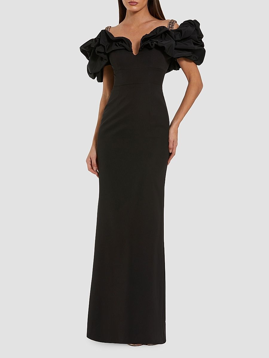Women's Off-The-Shoulder Puff-Sleeve Crepe Gown - Black - Size 14