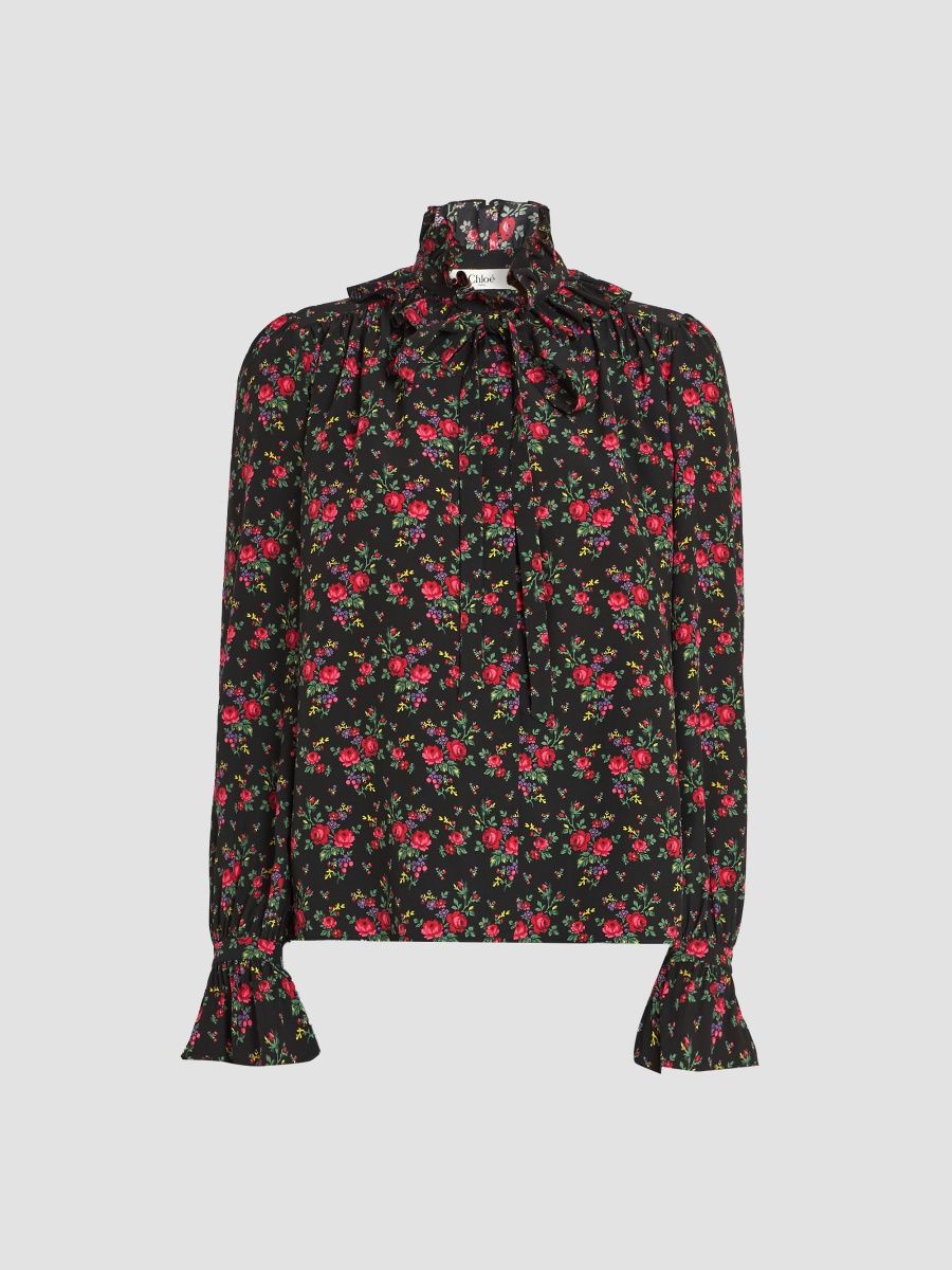 Women's Floral Silk Top - Multicolor Black - Size 14