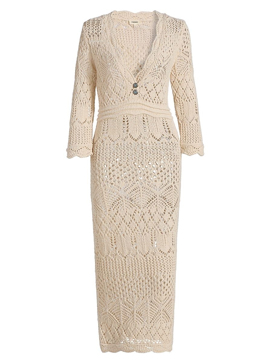 Women's Dovie Mixed Pointelle Midi-Dress - Ivory Turquoise Button - Size XL