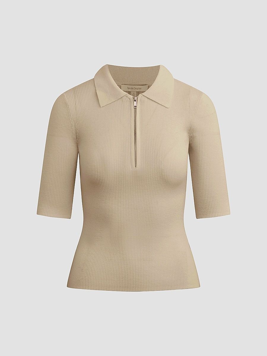 Women's Downtown Rib-Knit Wool Polo Shirt - Ivory - Size XS