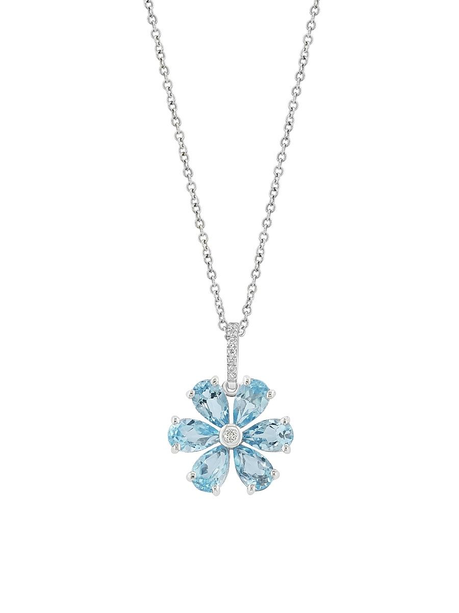 Women's 14K White Gold, Aquamarine & 0.03 TCW Diamond Flower Pendant Necklace - Aquamarine