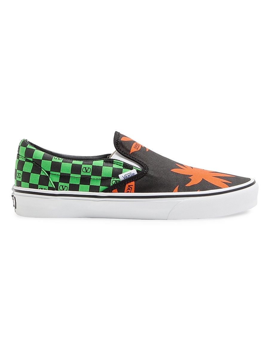 Men's Valentino Garavani and Vans Slip-On Sneakers with Checkerboard and Tropical Print - Black Red Green - Size 8