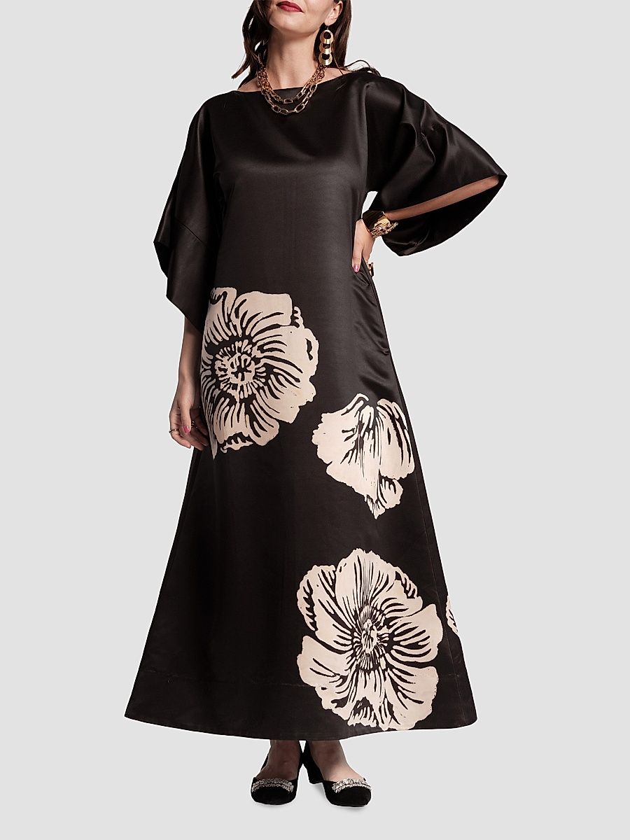 Women's Spinnaker Floral Satin Maxi Dress - Black Camel - Size XL