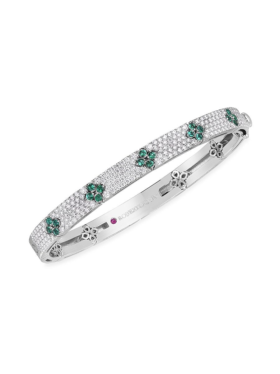 Women's Love In Verona 18K White Gold, Diamond & Emerald Bangle - White Gold