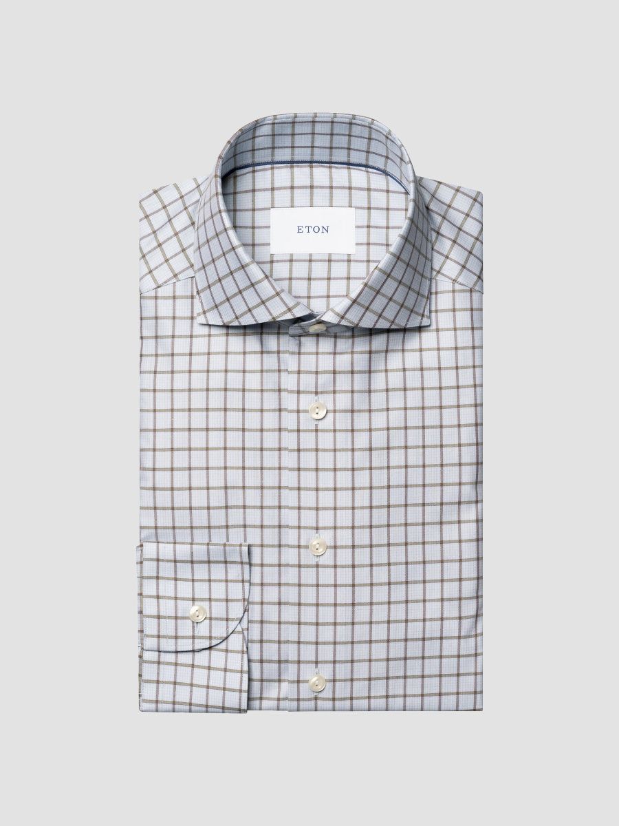 Eton Men's Check Cotton Twill Shirt - Light Blue - Size 15