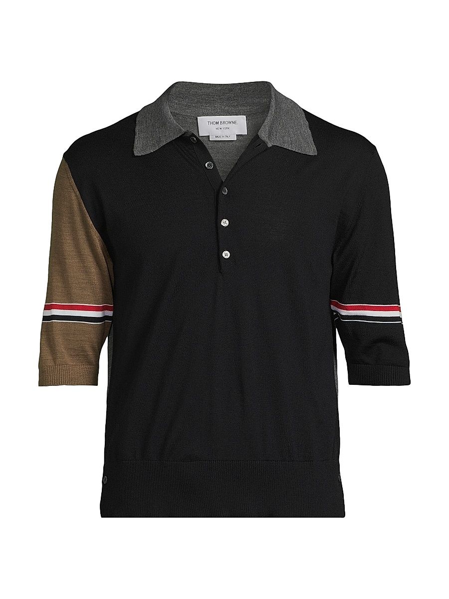 Men's Fun Mix 4-Bar Wool Jersey Polo Shirt - Navy Grey Brown - Size XXL