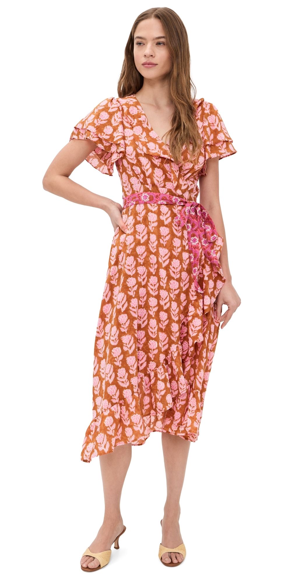 Bell Frilly Wrap Dress Brown And Pink Flower L