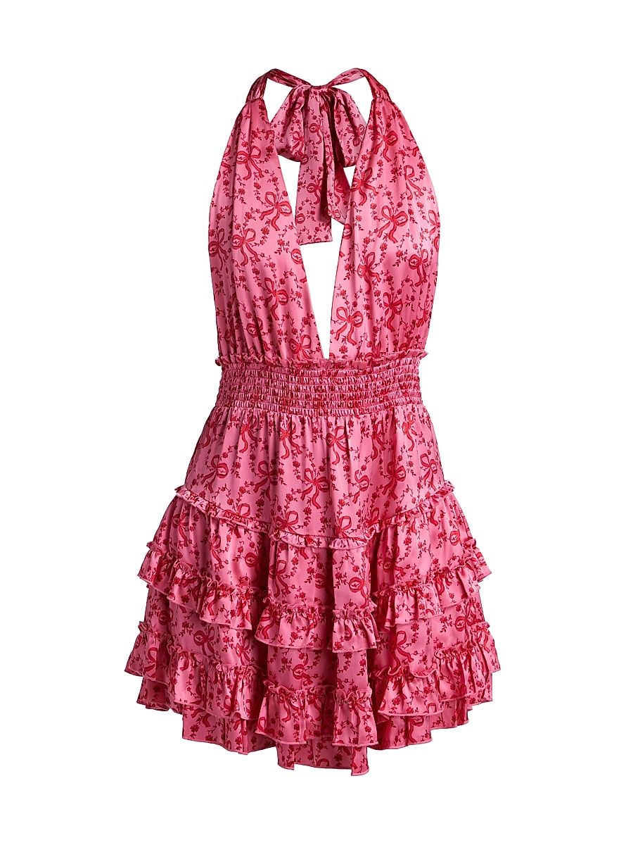 Women's Quintelle Floral-Bow Print Ruffle Halter Minidress - Raspberry Burst - Size XL
