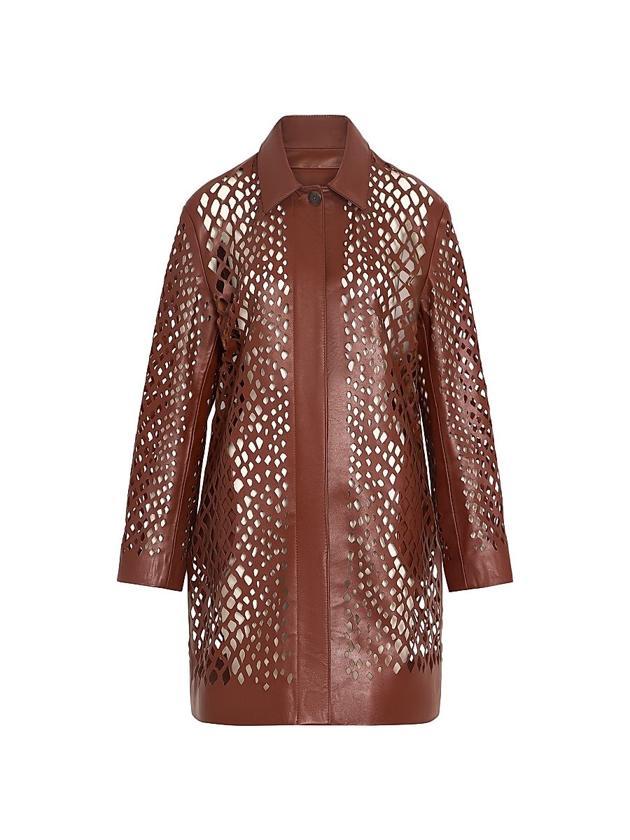 Women's Edinburgh Laser-Cut Leather Coat - Cigar - Size Large