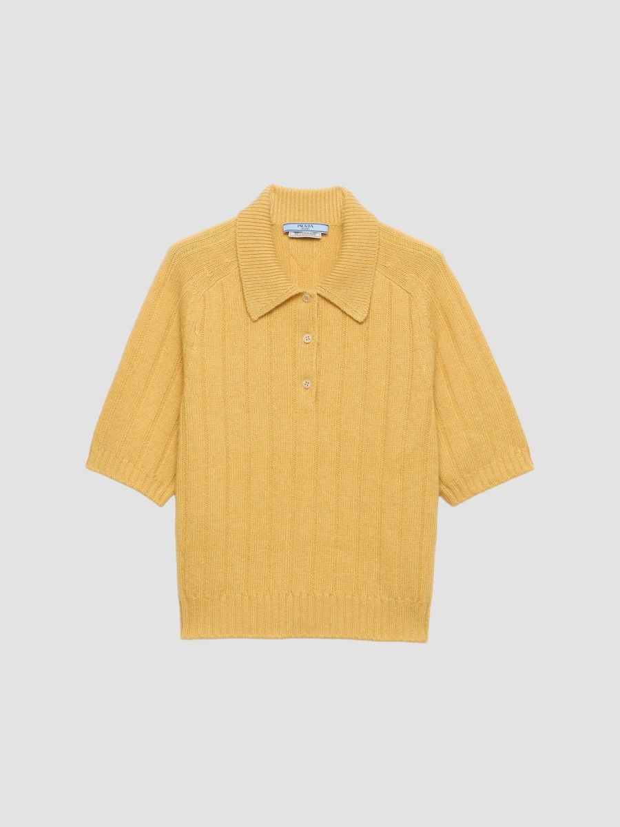 Prada Women's Cashmere Short-Sleeve Polo Sweater - Yellow - Size 6