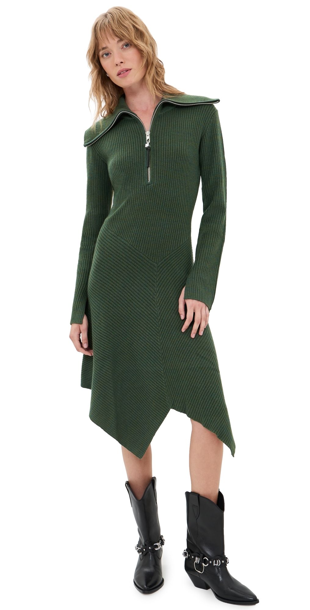 GANNI Ribbed Merino Zip Dress Dark Green XL