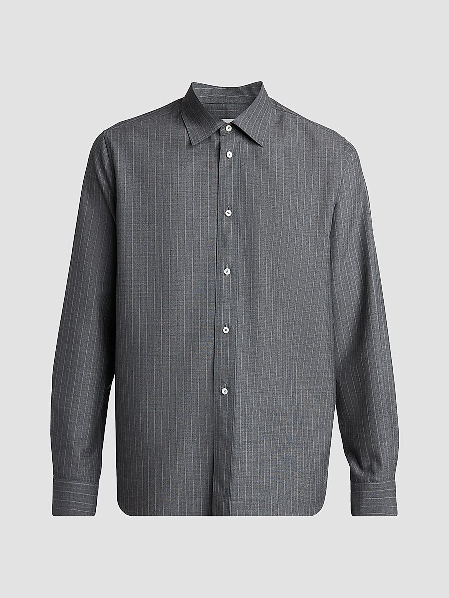 Men's Pinstripe Check Wool Button-Front Shirt - Koala - Size 15.75