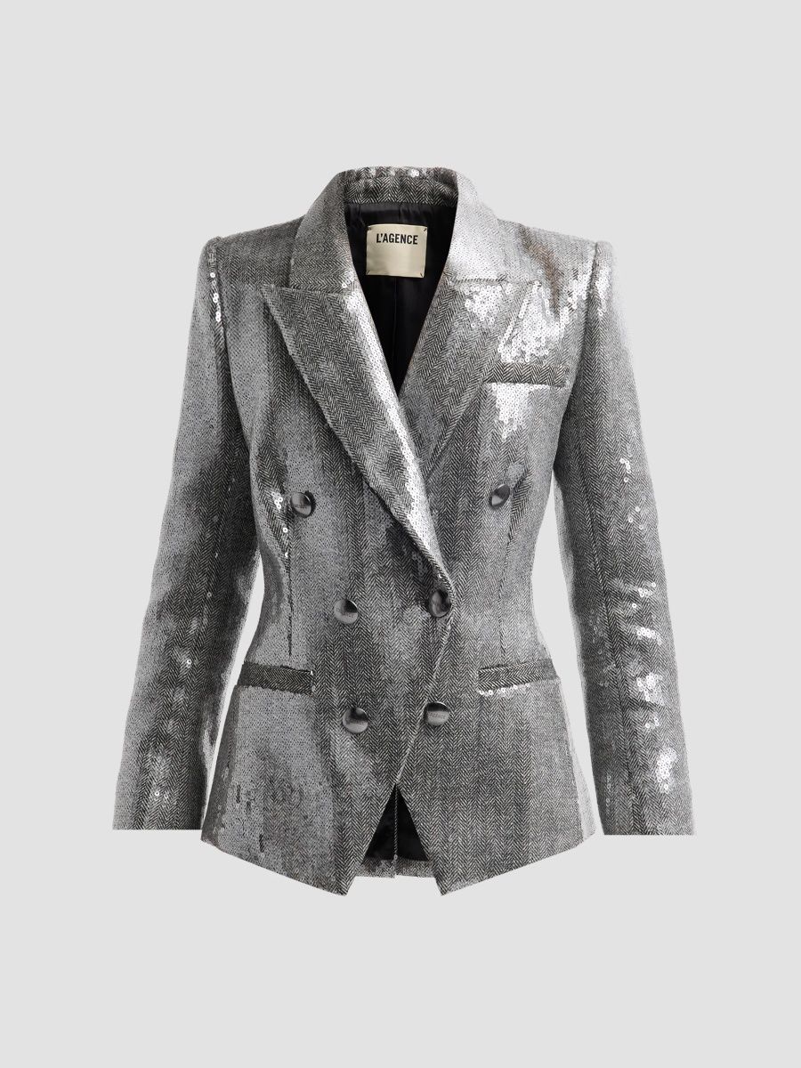 L'AGENCE Women's Kyomi Sequined Double-Breasted Blazer - Grey Herringbone Sequin - Size 12