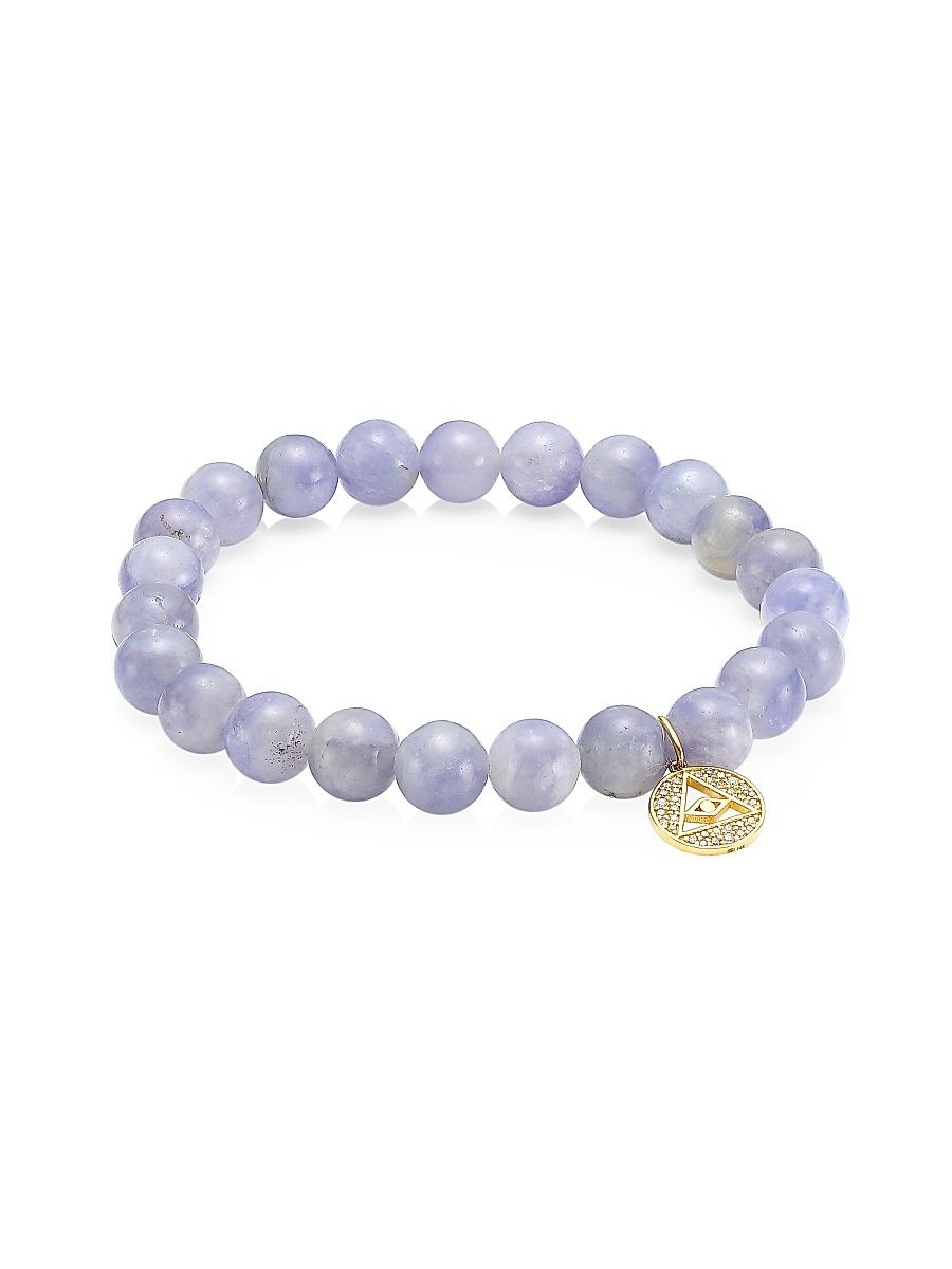 Women's 14K Yellow Gold, Diamond & Iolite Pyramid Evil Eye Charm Beaded Bracelet