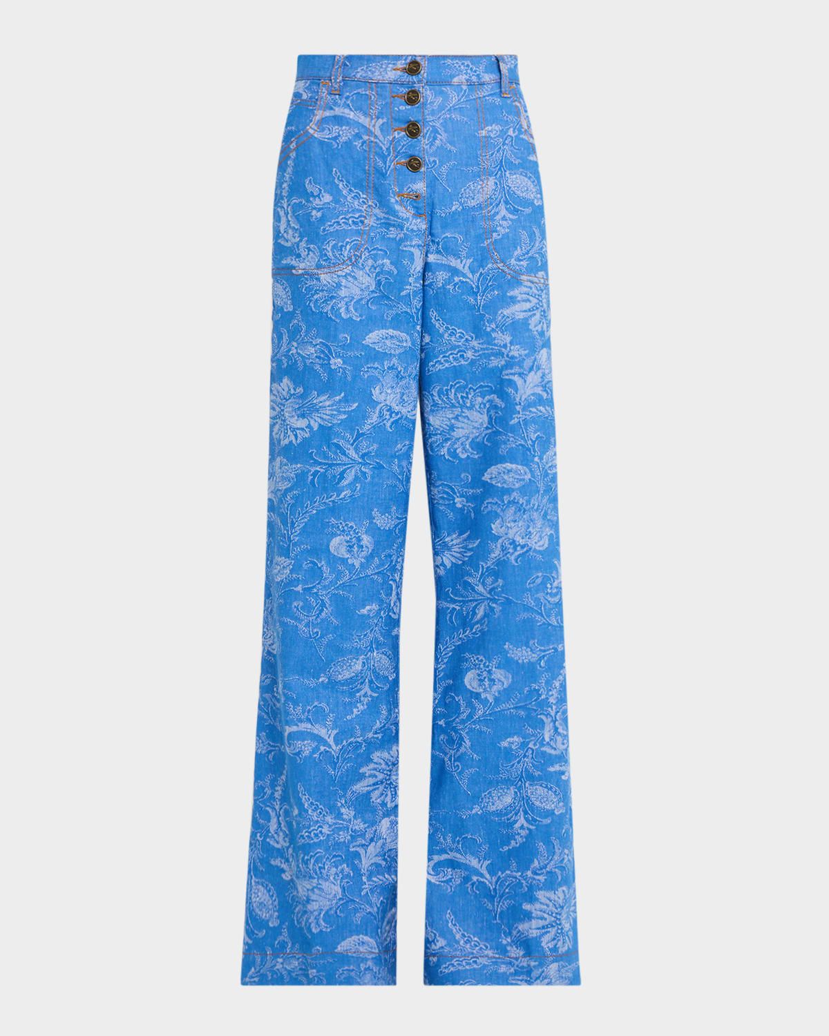 Floral Denim Jacquard Button-Front Flare Jeans