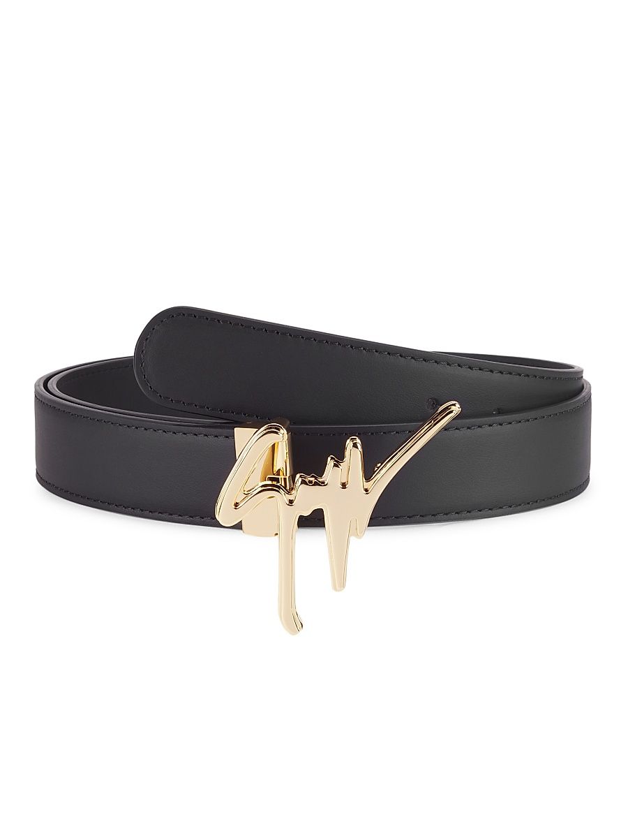 Men's Brass Logo Leather Belt - Black Gold