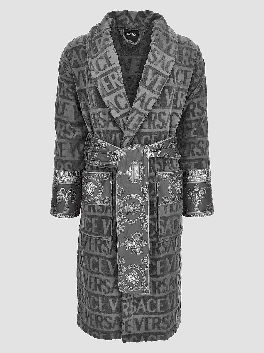 Men's Logo Borocco-Trim Cotton Robe - Taupe Gray - Size XXL