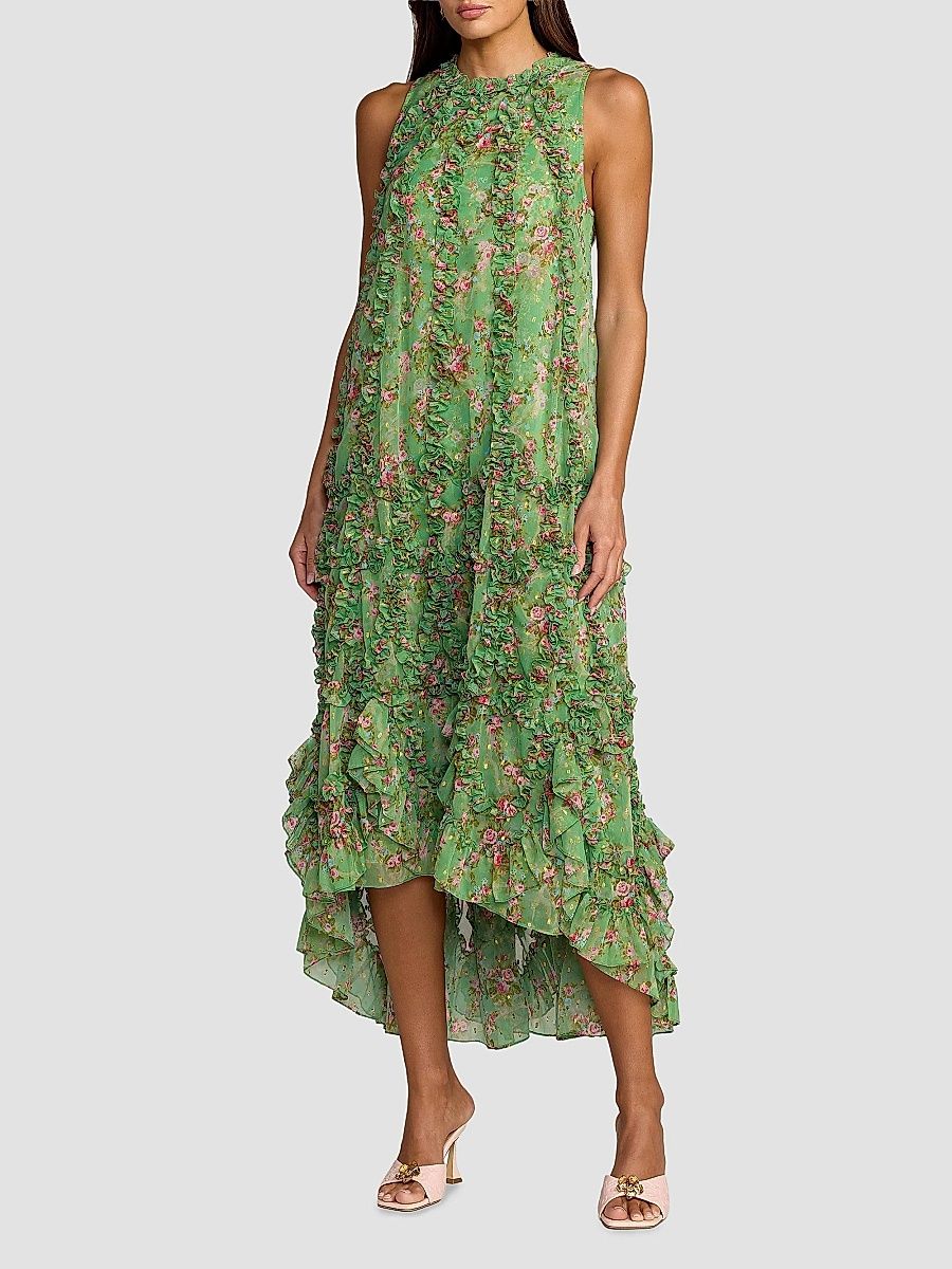 Mac Duggal Women's Cocktail Floral Ruffled Sleeveless High-Low Gown - Sage Multi - Size 14