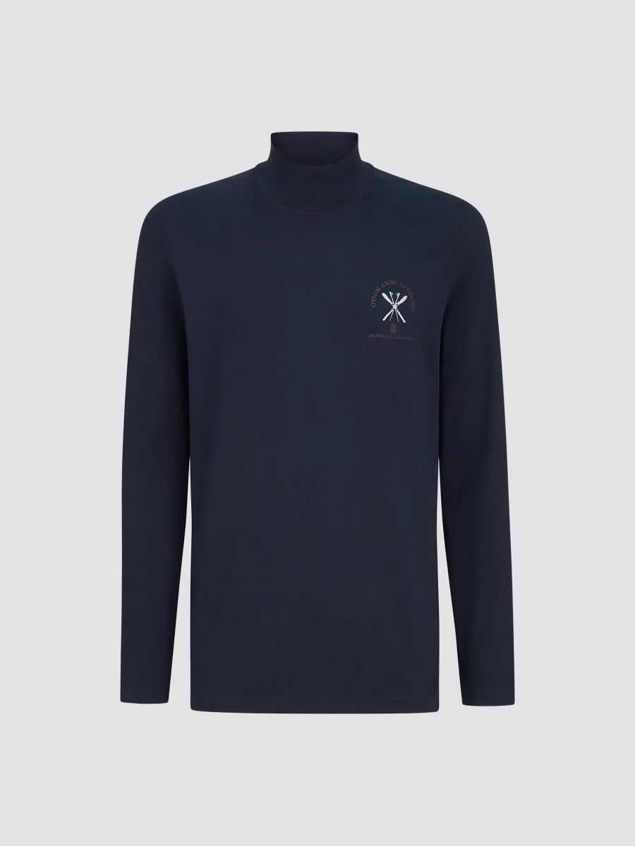 Brunello Cucinelli Men's Comfort Silk Jersey Long Sleeve T-Shirt with Embroidery - Navy Blue - Size Small