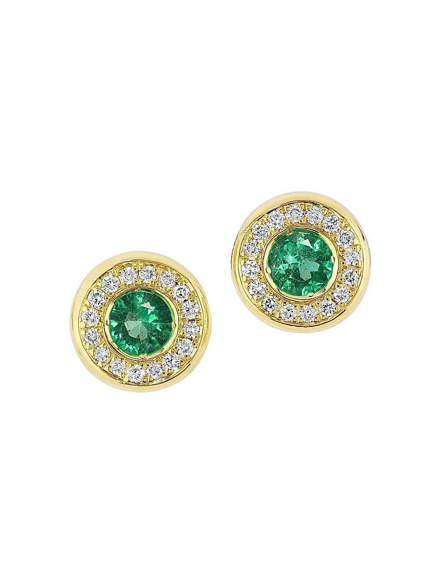 Women's 18K Yellow Gold, Gemstone & 0.14 TCW Diamond Halo Stud Earrings - Emerald