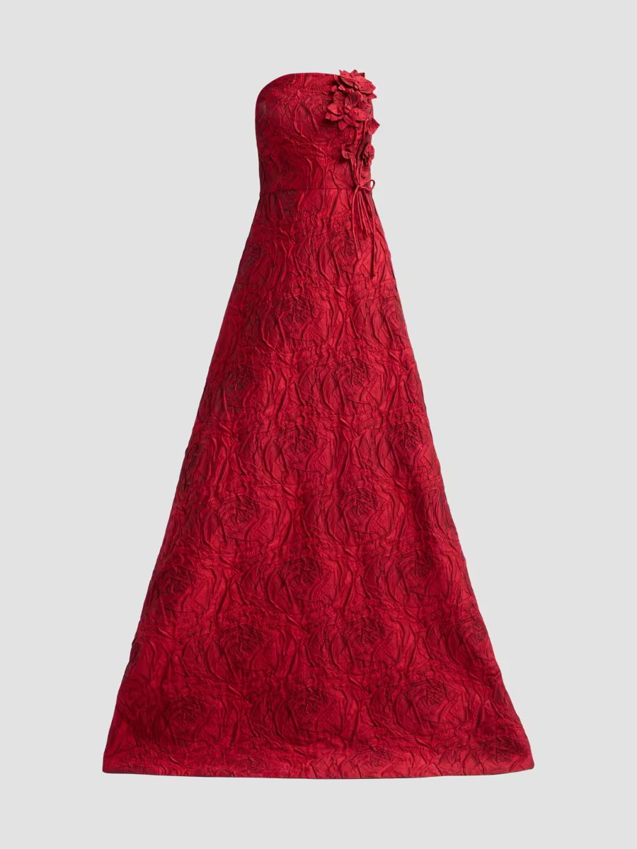 Teri Jon by Rickie Freeman Women's Strapless Floral Jacquard A-Line Gown - Red - Size 0