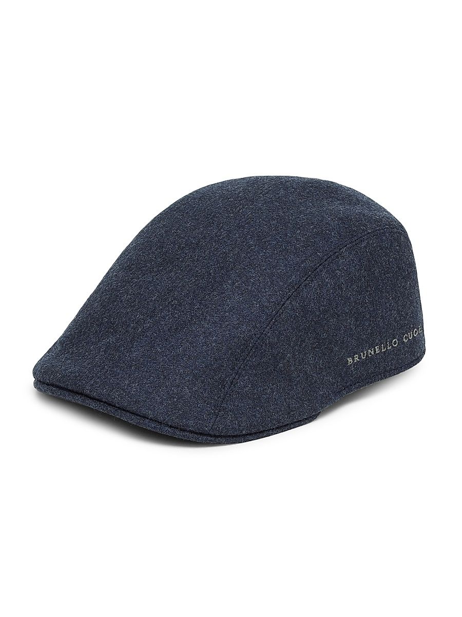 Men's Virgin Wool Flannel Flat Cap with Embroidery - Night - Size Small