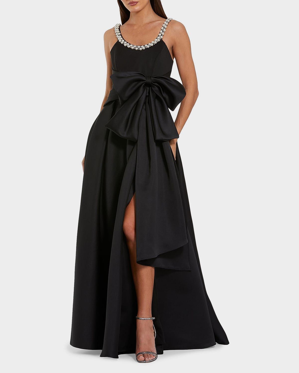 Pleated Pearly-Trim Bow Satin Gown