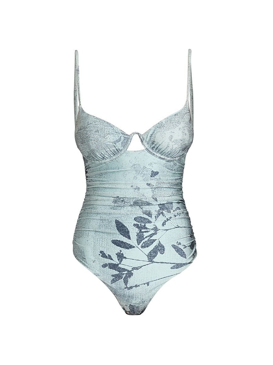 Women's Laine Floral Ruched One-Piece Swimsuit - Sky Floral - Size Large
