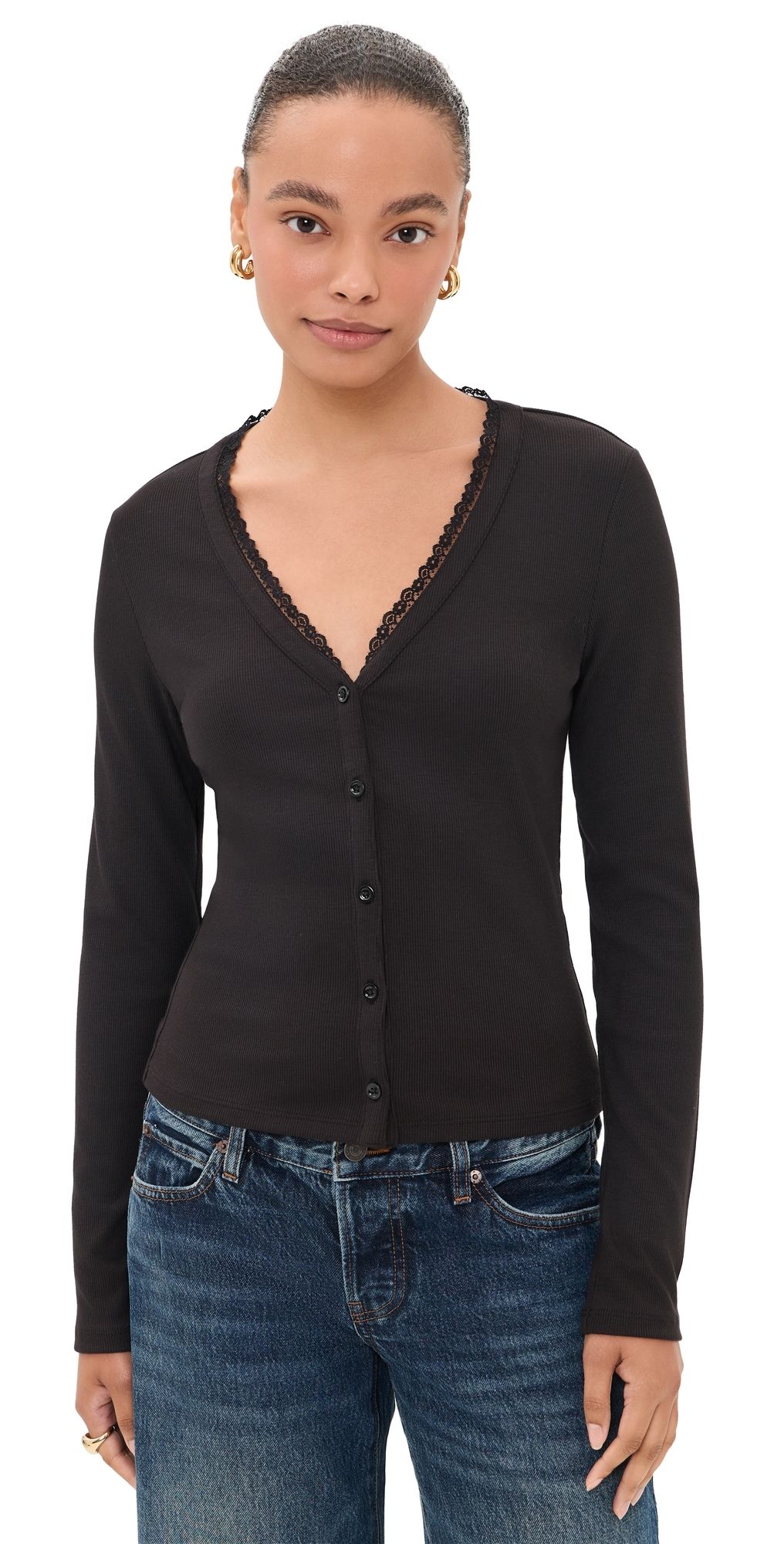 FRAME The Rib Trim Cardigan Black XS
